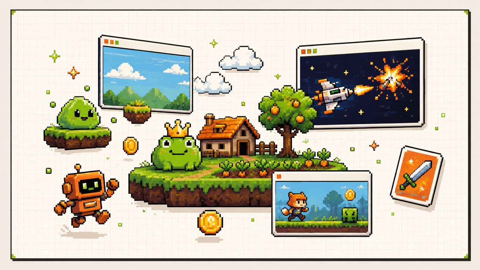 Pixel art farm with tiny game windows, a robot, and a frog king